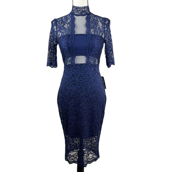 Express Women's Sheath Dress Size 4 Navy Blue Floral Lace Mock Neck Short Sleeve - Picture 1 of 12